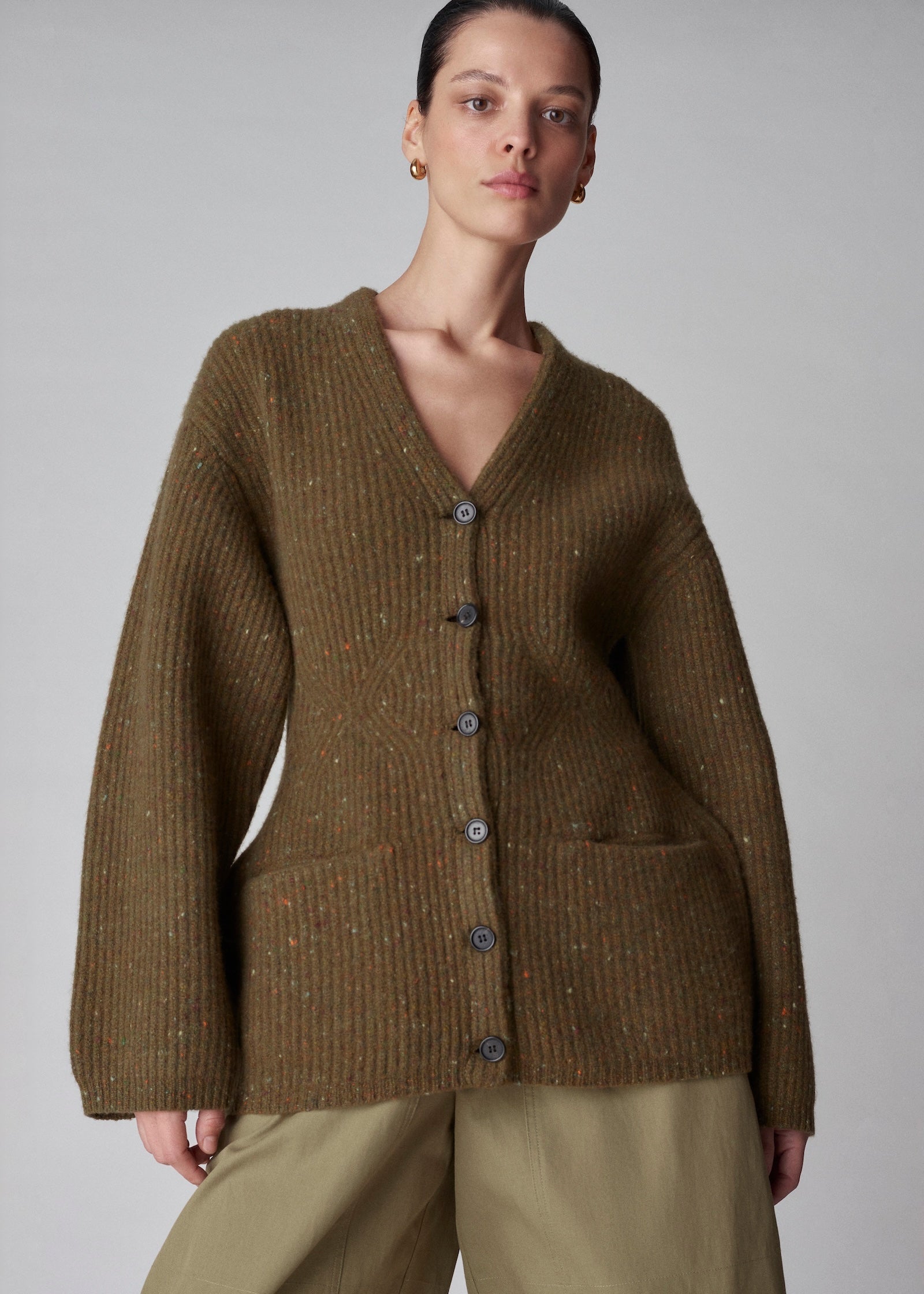 Hourglass Cardigan in Tweed Knit Green Melange Harper's Bazaar Shop