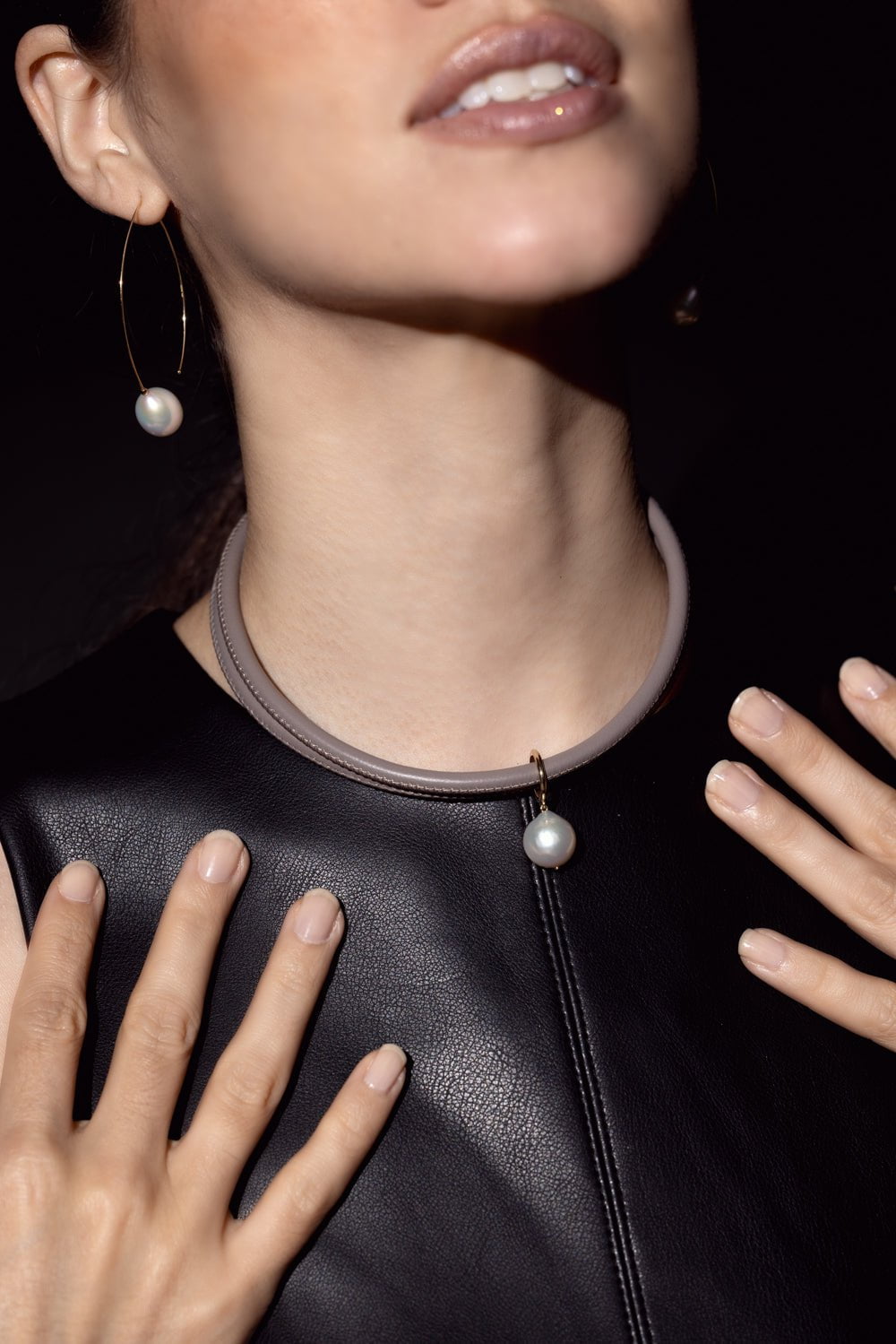 Taupe Leather Pearl Choker Necklace | SHOP BAZAAR