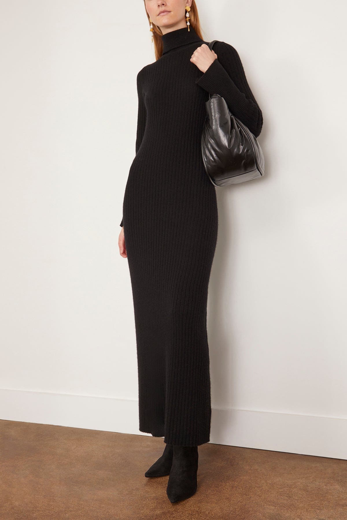 Turtleneck High Slit Contrast Color Ribbon Dress