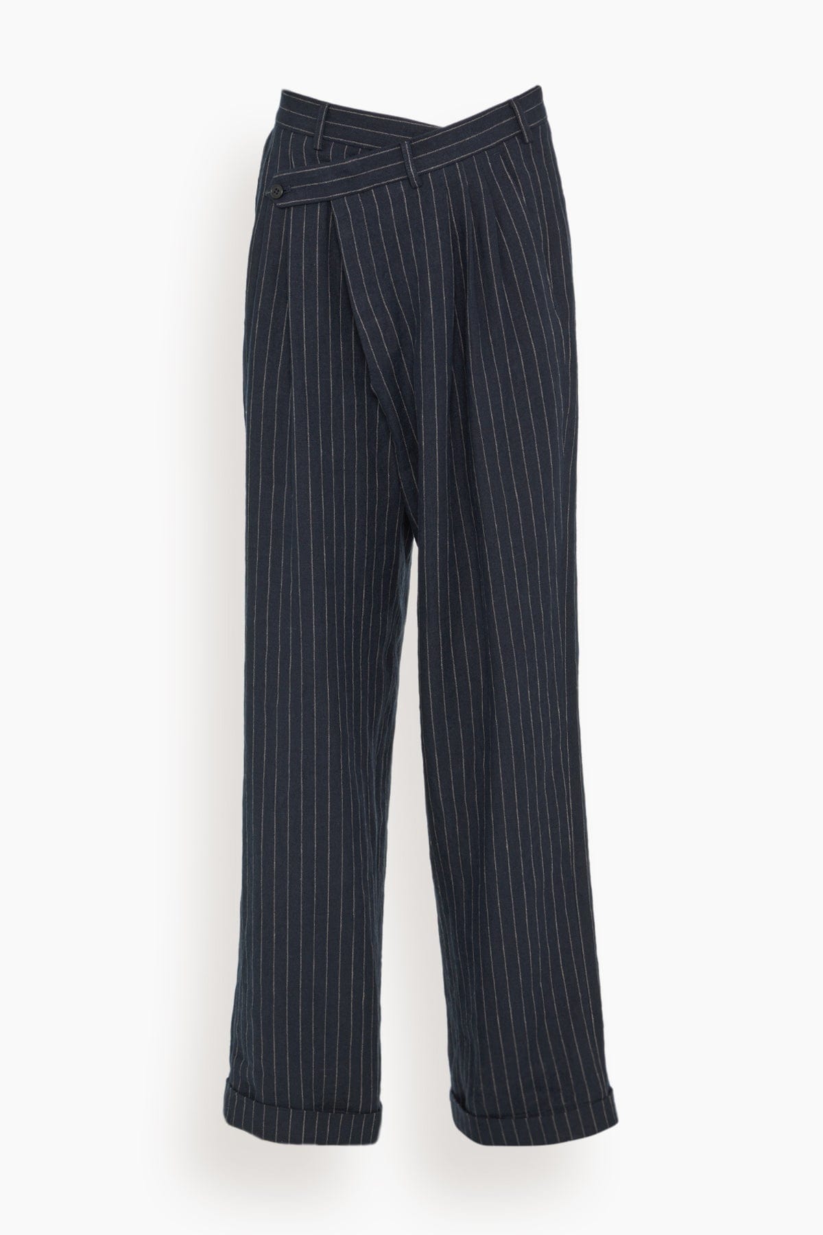Triple Pleat Crossover Trouser - Dark Navy Stripe | SHOP BAZAAR Triple Pleat Crossover Trouser - Dark Navy Stripe | SHOP BAZAAR