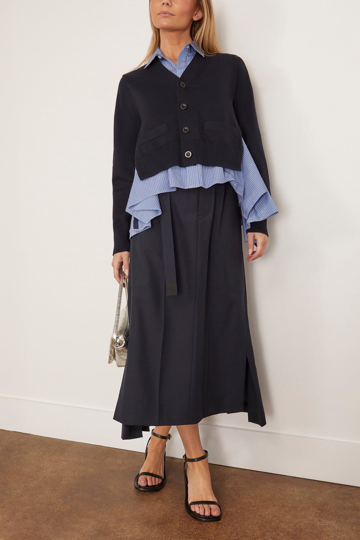 Cotton Poplin X Knit Cardigan - Navy and Blue Stripe | SHOP