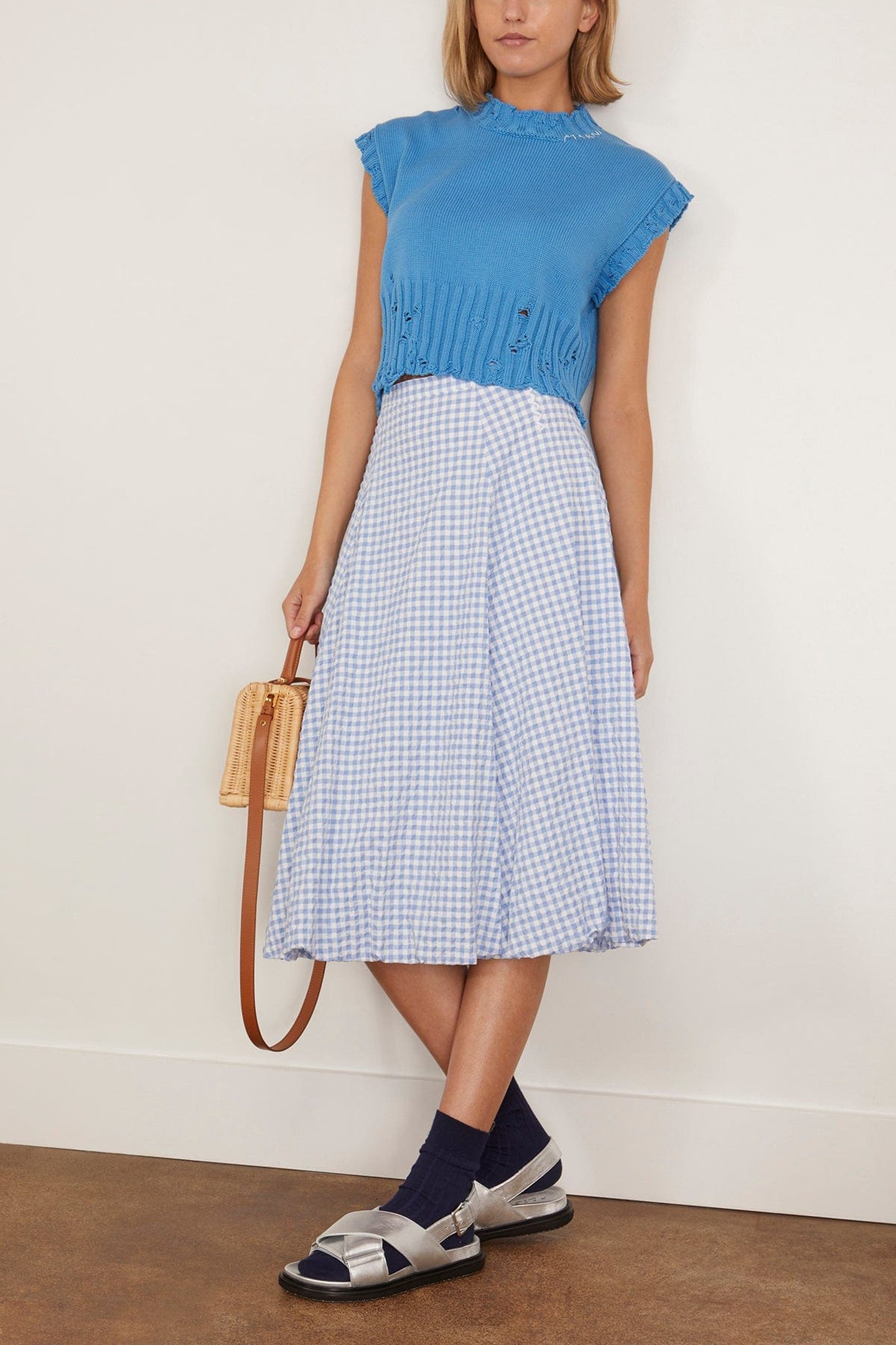 Checked Seersucker Skirt - Light Blue | SHOP BAZAAR