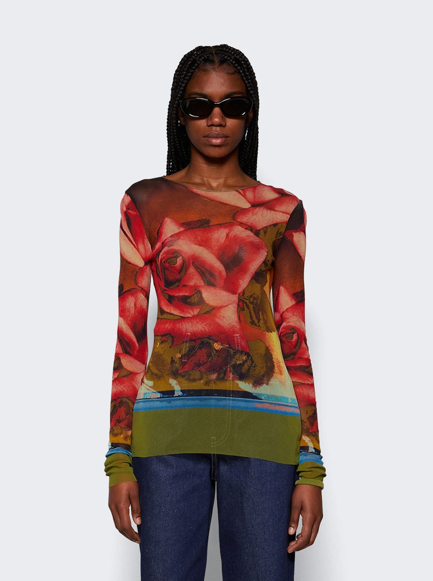 Rose Printed Mesh Long Sleeve Top Blue And Purple | The Webster