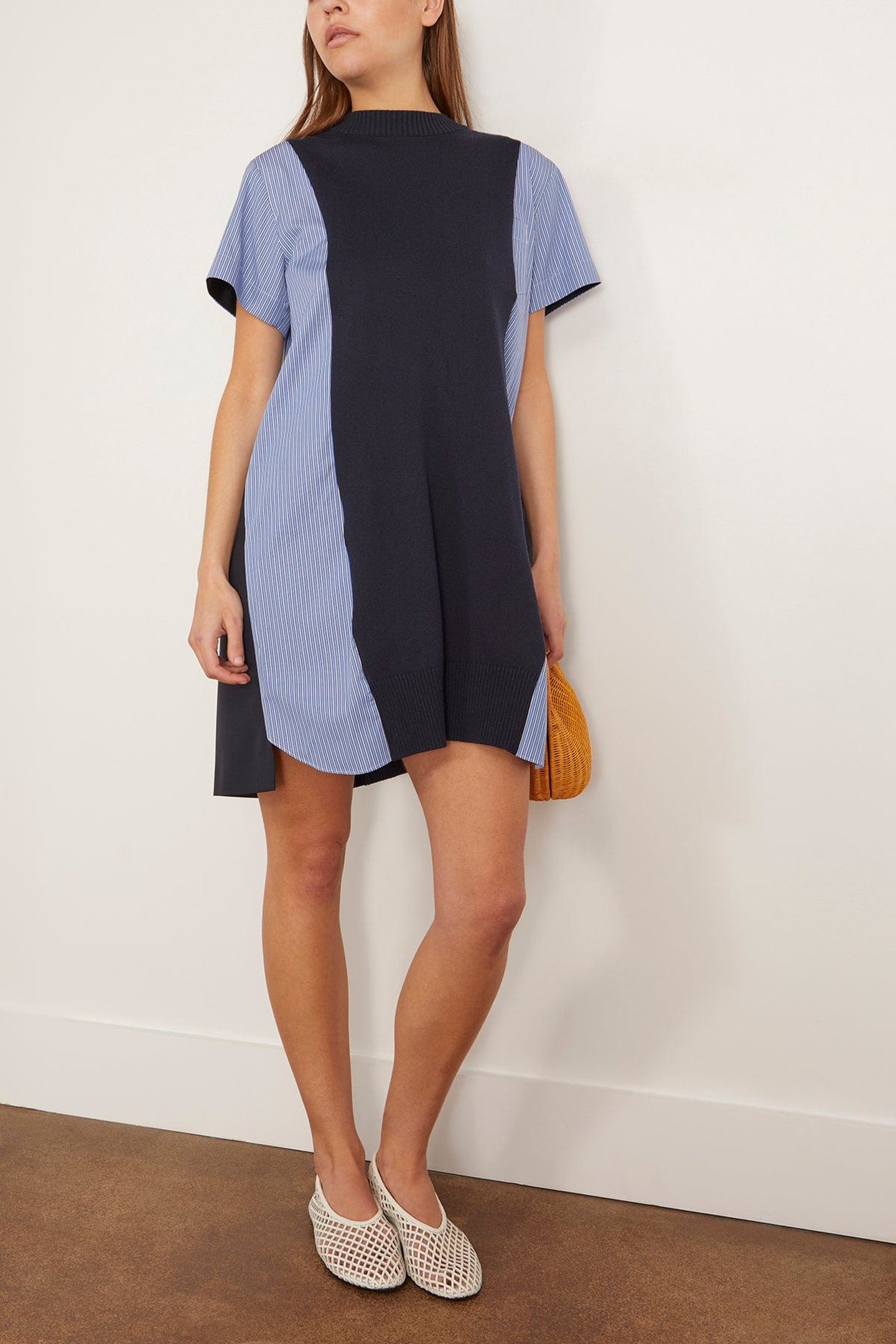 sacai 国内買付 Poplin x Knit Dress Poplin X Knit Dress - Navy and Blue Stripes | SHOP BAZAAR