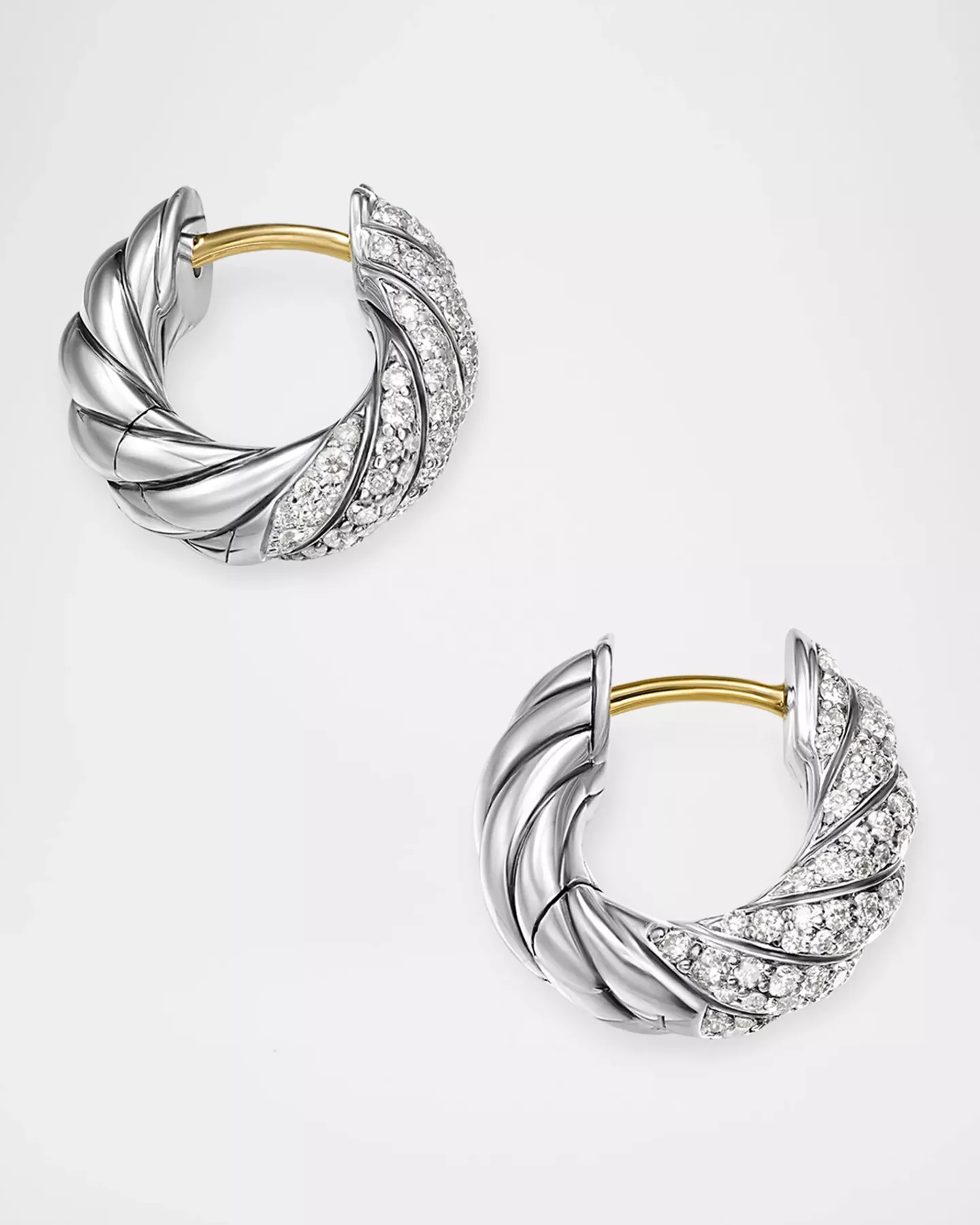 Sculpted Cable Hoop Earrings with Diamonds in Silver, 5.4mm, 0.5"L